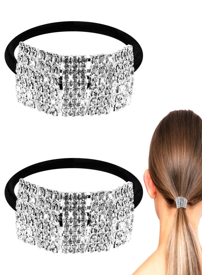 Bremorou 2 Pcs Sparkly Rhinestone Ponytail Holders - Crystal Scrunchies, Fancy Headband Hair Accessories for Thin/Thick Hair Women Girls, Silver - Image 1